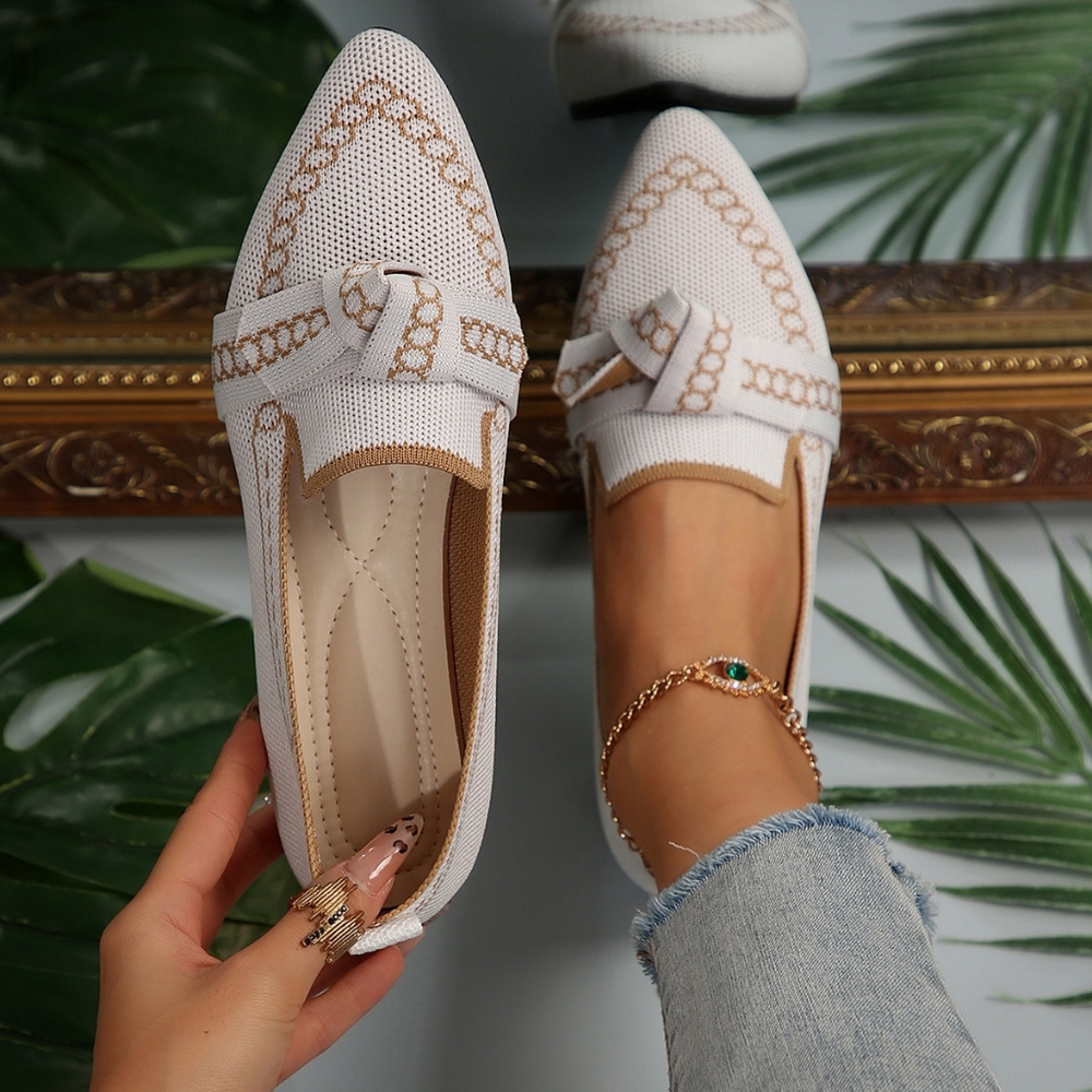 Pointed Bow Top Knit Ballet Flat Casual Loafer Contrast Color Trim Slip-on Shoes